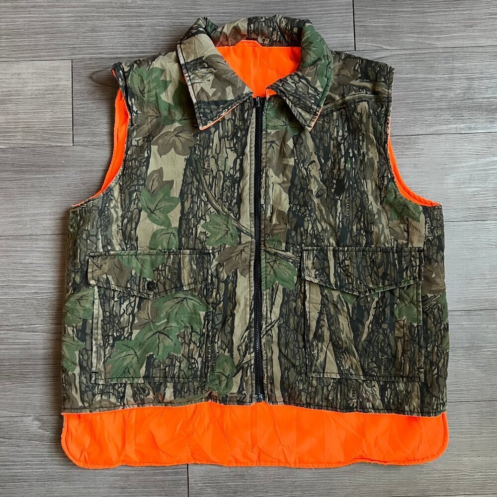 Vintage Winchester Reversible Hunting Vest Orange Camo Trebark Insulated Sz XL